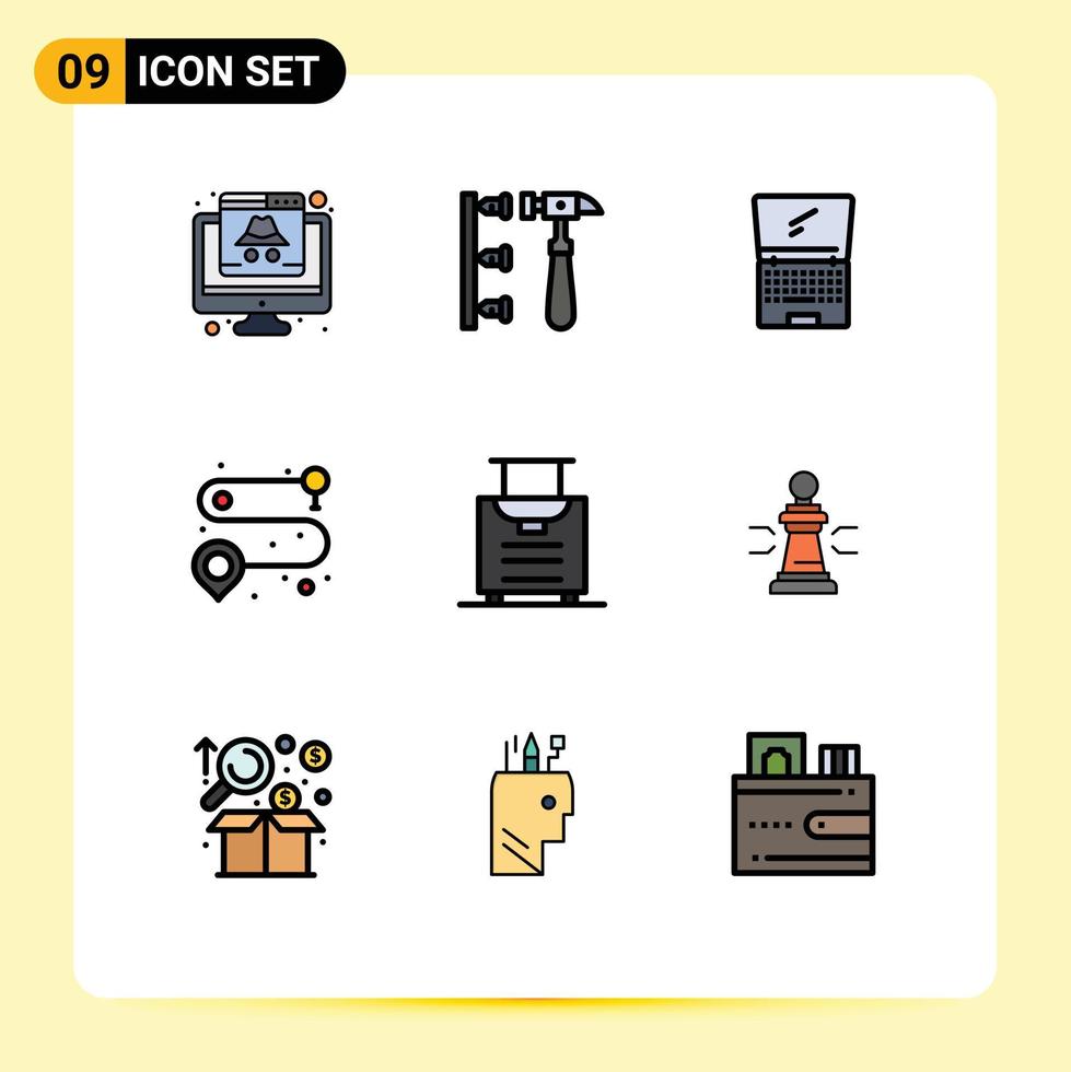 Modern Set of 9 Filledline Flat Colors Pictograph of baggage road inefficient point laptop Editable Vector Design Elements