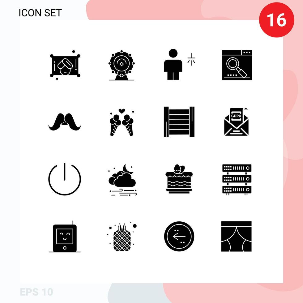 Editable Vector Line Pack of 16 Simple Solid Glyphs of moustache page body optimize engine Editable Vector Design Elements