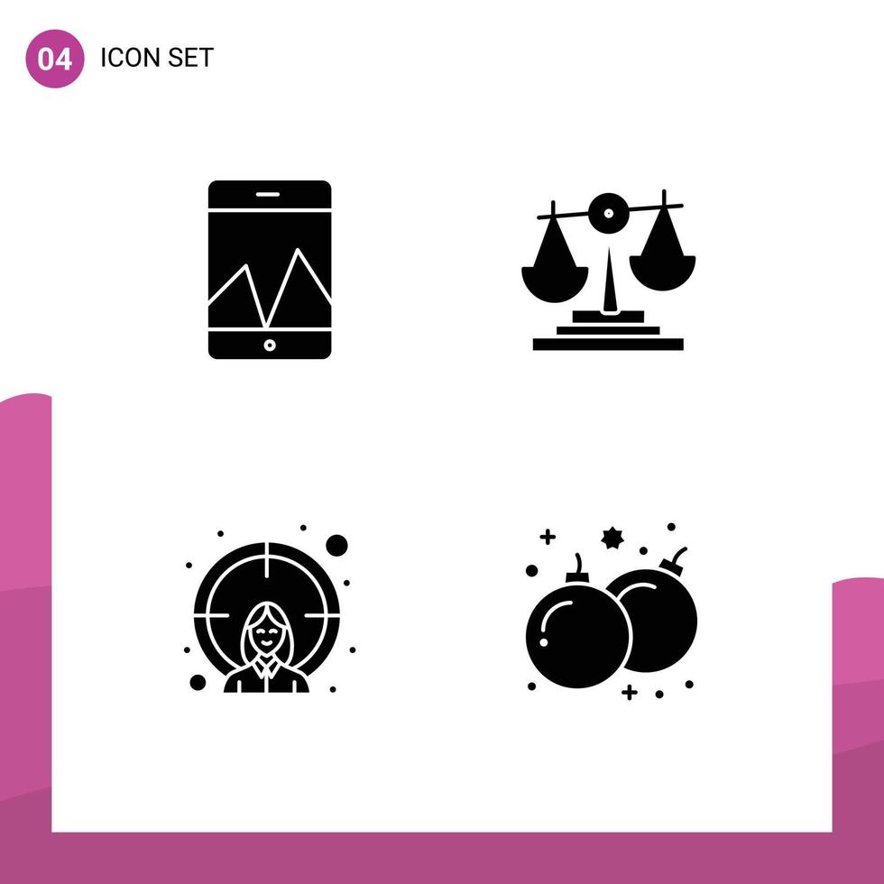 4 Solid Glyph concept for Websites Mobile and Apps analytics target balance investment bomb Editable Vector Design Elements