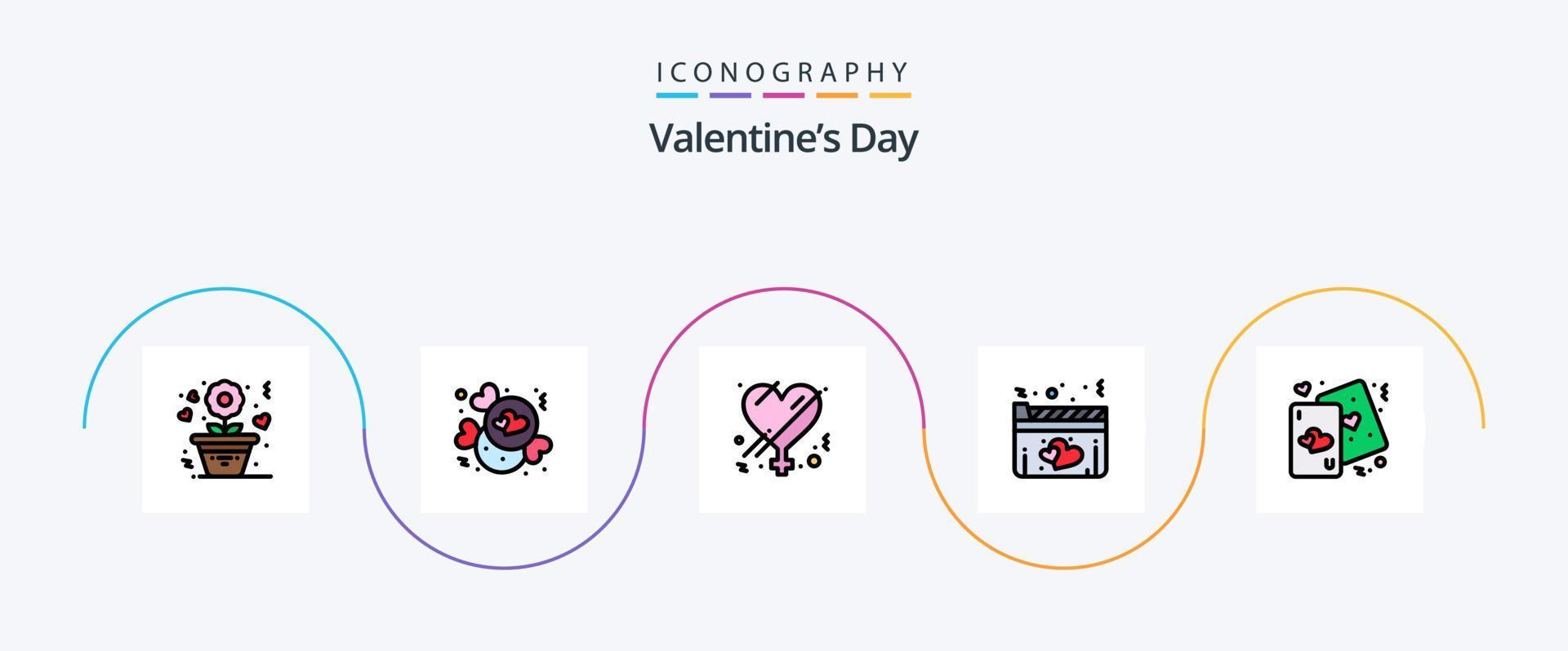 Valentines Day Line Filled Flat 5 Icon Pack Including heart. movie. female. love. film vector