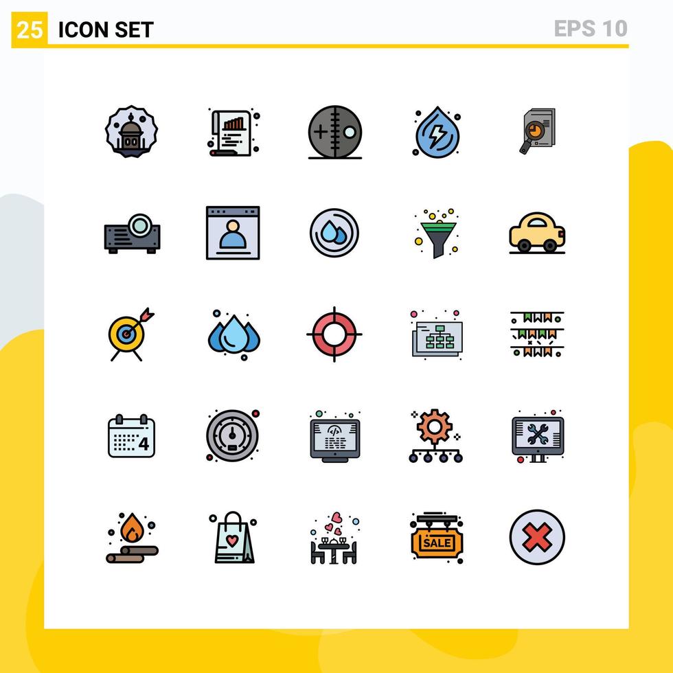 paquete de 25 signos y símbolos modernos de colores planos de línea rellena para medios de impresión web, como elementos de diseño de vectores editables de punción de caída de papel de resorte de energía