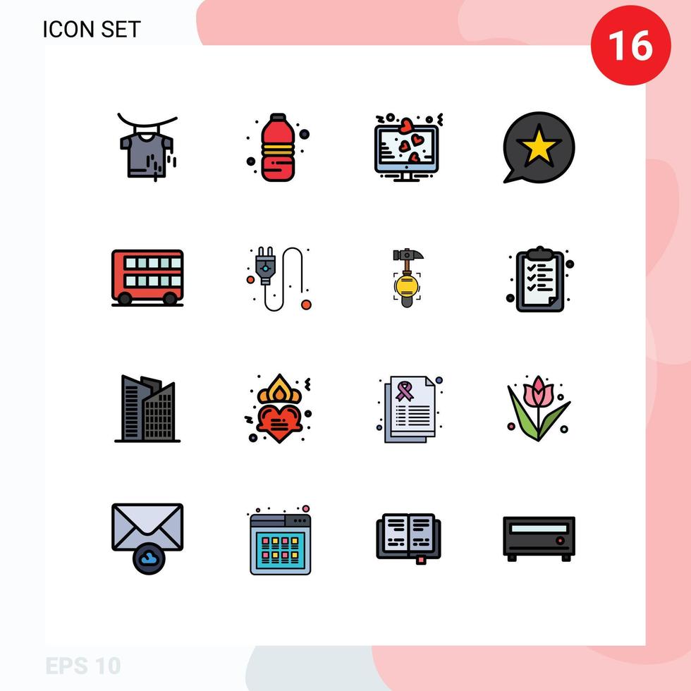 Group of 16 Flat Color Filled Lines Signs and Symbols for bus multimedia heart message bubble Editable Creative Vector Design Elements