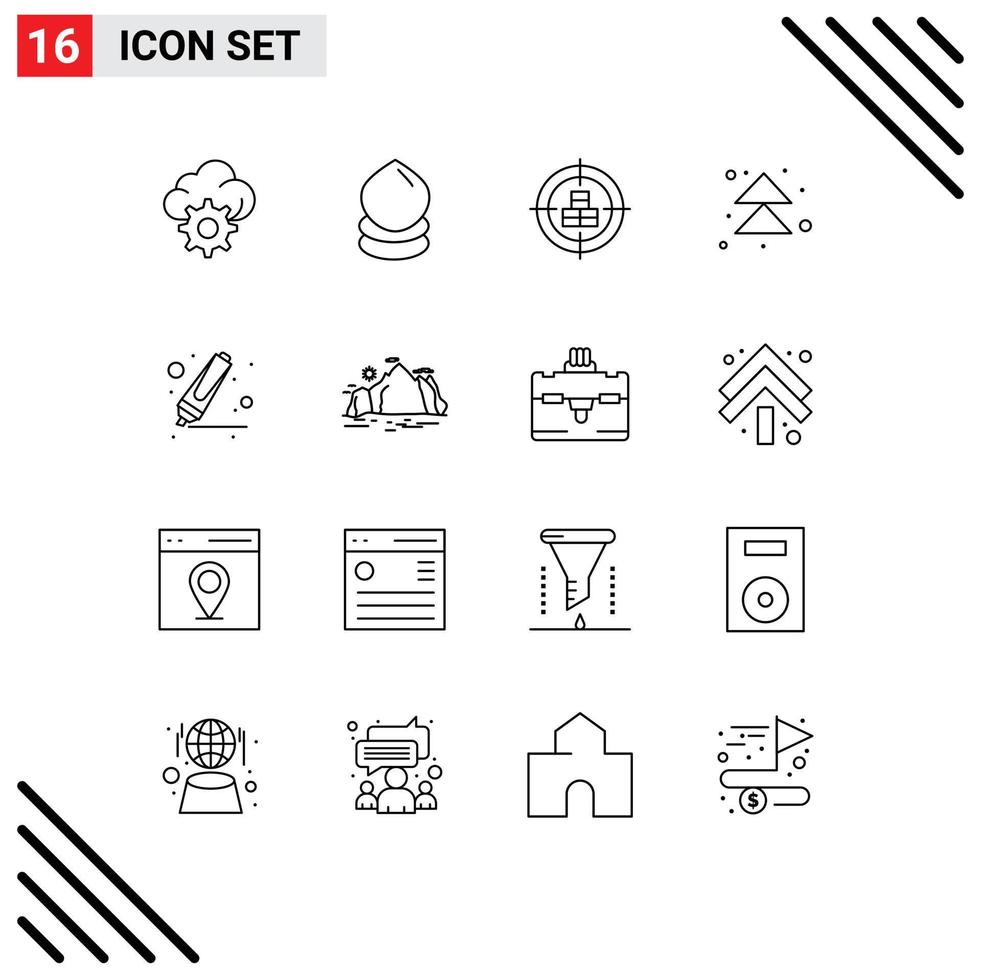grupo de símbolos de iconos universales de 16 contornos modernos de elementos de diseño de vectores editables de flecha siguiente en forma de cruz de resaltado