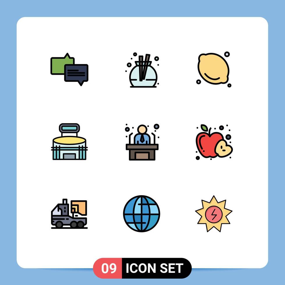 9 Universal Filledline Flat Color Signs Symbols of worker applicant lemon stadium game Editable Vector Design Elements