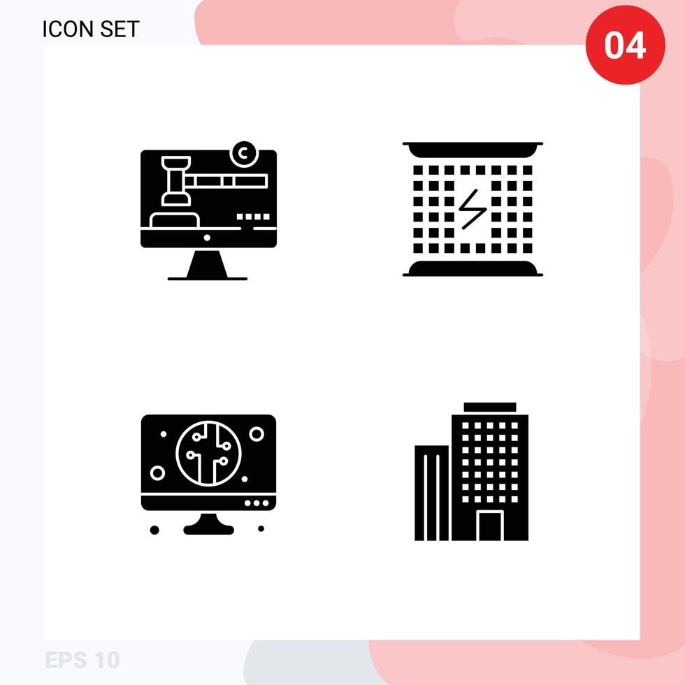 Mobile Interface Solid Glyph Set of 4 Pictograms of copy right digital law electricity economy Editable Vector Design Elements