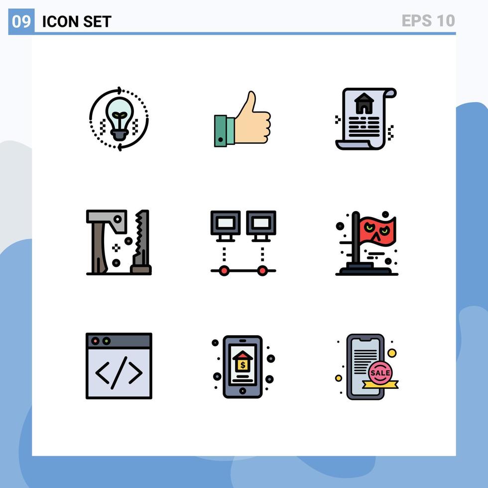 Group of 9 Filledline Flat Colors Signs and Symbols for connection tools like saw ax Editable Vector Design Elements