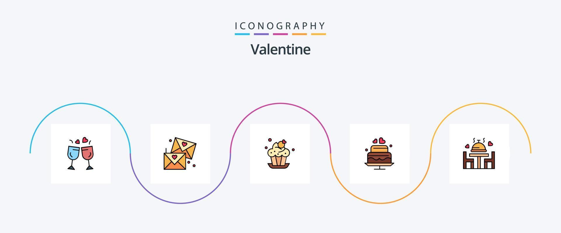 paquete de iconos de 5 planos llenos de línea de San Valentín que incluye amor. boda. panadería. corazón. pastel vector