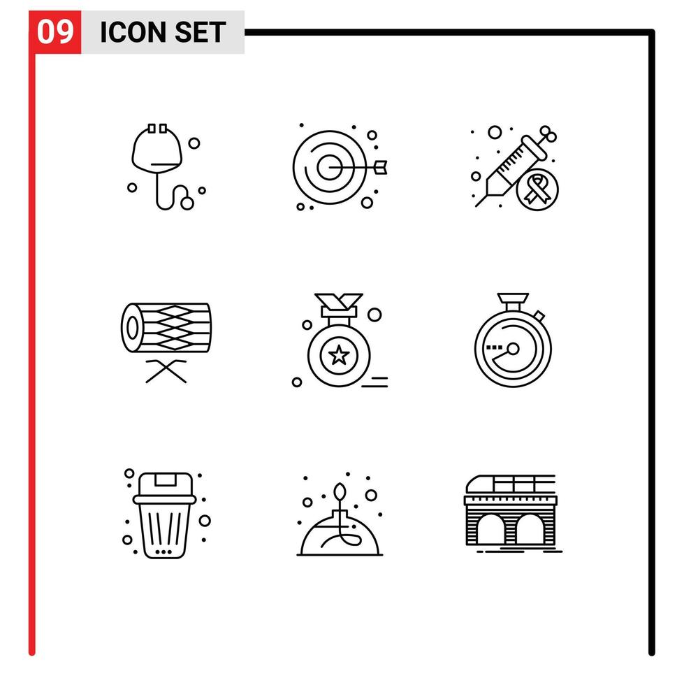 9 User Interface Outline Pack of modern Signs and Symbols of award badge st day parade instrument Editable Vector Design Elements