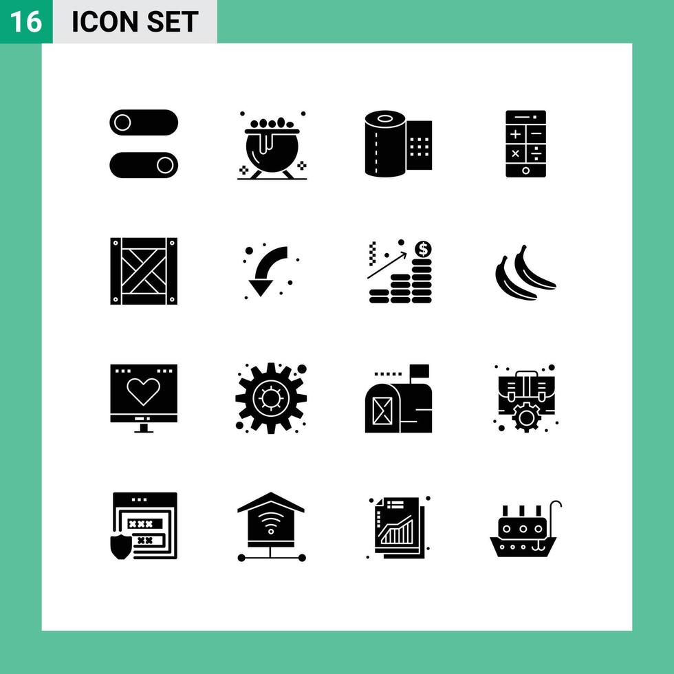 paquete de 16 signos y símbolos de glifos sólidos modernos para medios de impresión web, como elementos de diseño de vectores editables de teléfono logístico de embalaje de flecha