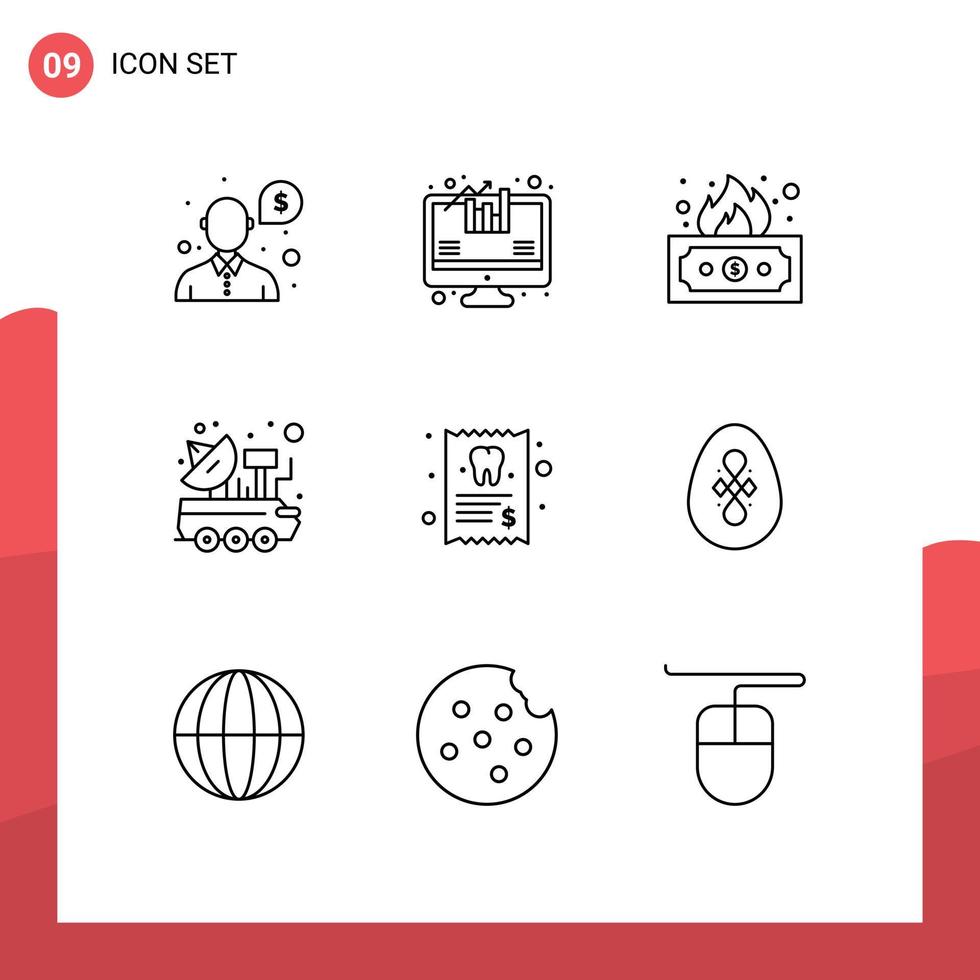 Mobile Interface Outline Set of 9 Pictograms of medical space finance signal satellite Editable Vector Design Elements