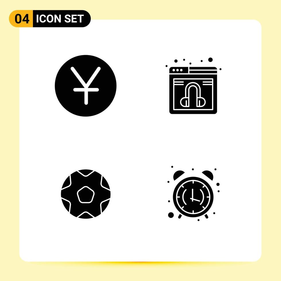 Universal Icon Symbols Group of 4 Modern Solid Glyphs of yuan sports chat service alarm Editable Vector Design Elements