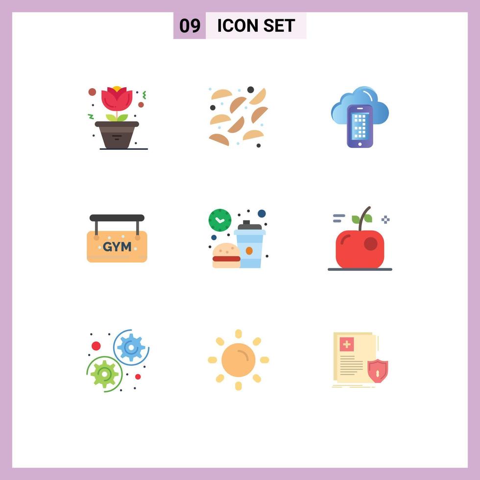 paquete de 9 signos y símbolos de colores planos modernos para medios de impresión web como elementos de diseño de vectores editables de signos de café móvil de alimentos