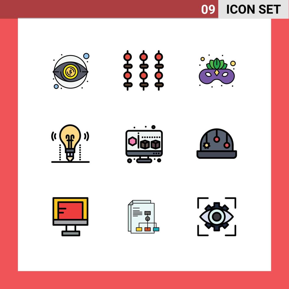 Mobile Interface Filledline Flat Color Set of 9 Pictograms of cube solution carnival light idea Editable Vector Design Elements