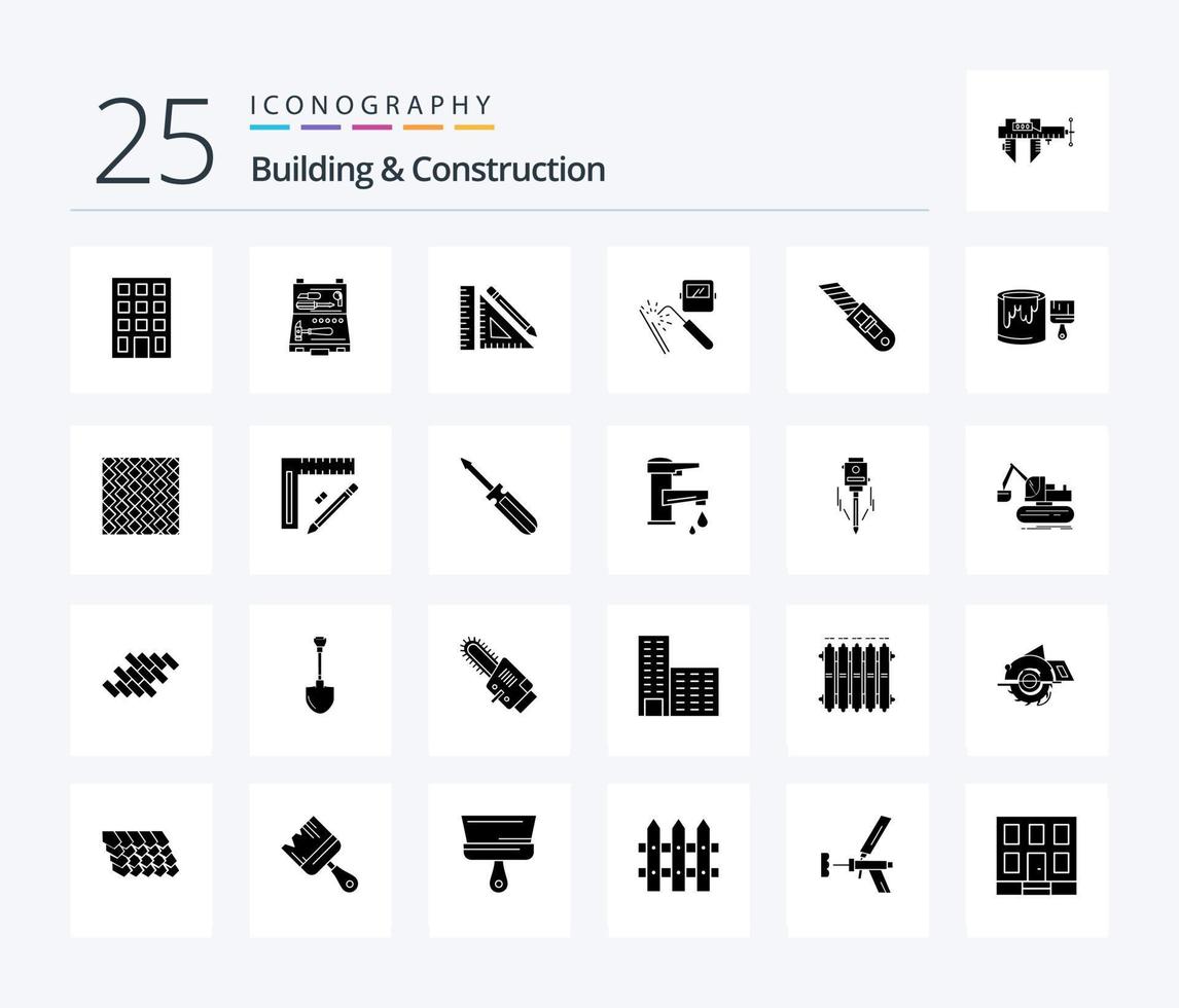 Building And Construction 25 Solid Glyph icon pack including factory. machine. scale. welding. ruler vector