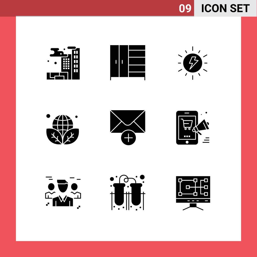 Universal Icon Symbols Group of 9 Modern Solid Glyphs of promotion message sun mail environment Editable Vector Design Elements