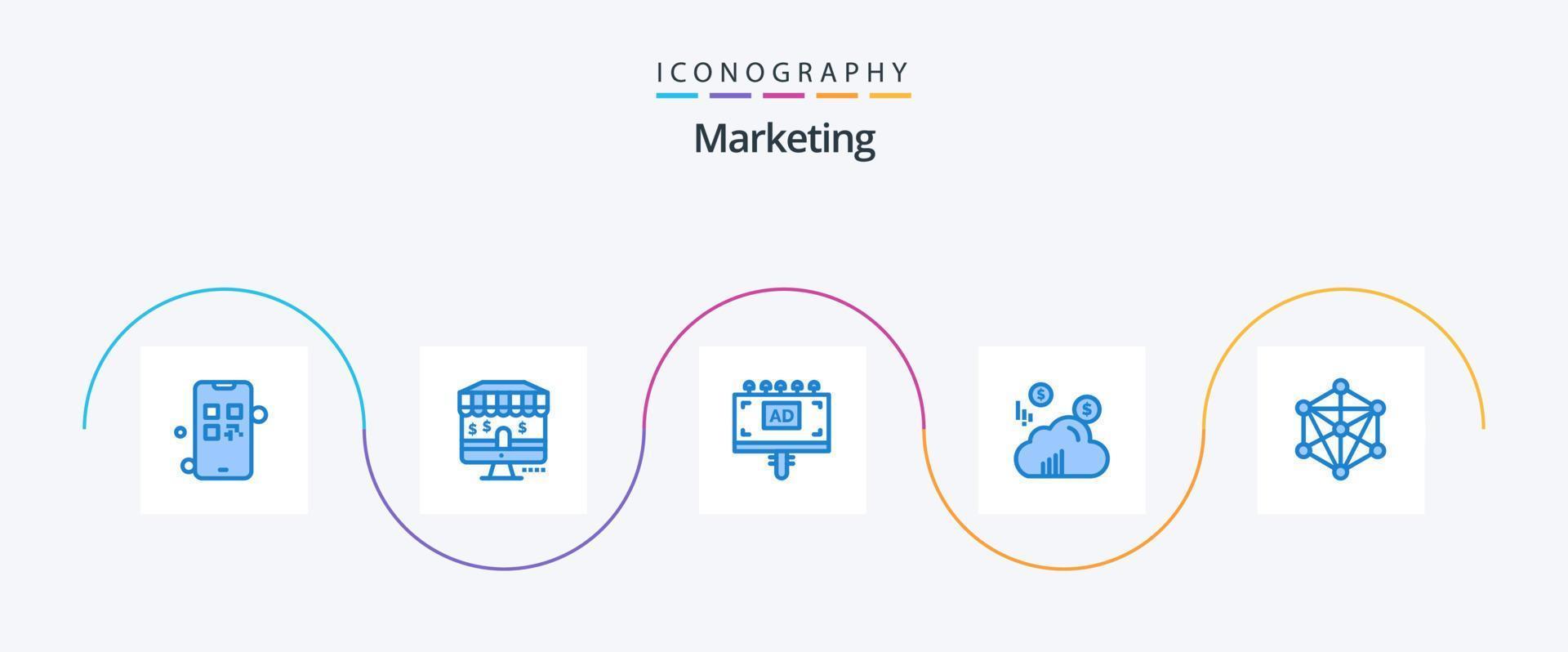 paquete de iconos de marketing azul 5 que incluye la máquina. idioma. publicidad. datos. marketing vector