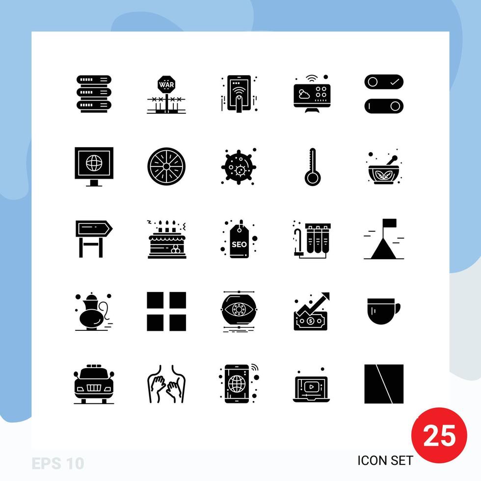 paquete de 25 signos y símbolos de glifos sólidos modernos para medios de impresión web, como el monitor de control, ocupan conexiones, elementos de diseño de vectores editables por gestos
