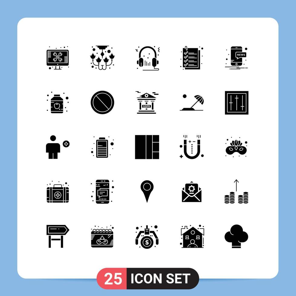 Pack of 25 creative Solid Glyphs of file checkout decorate check multimedia Editable Vector Design Elements