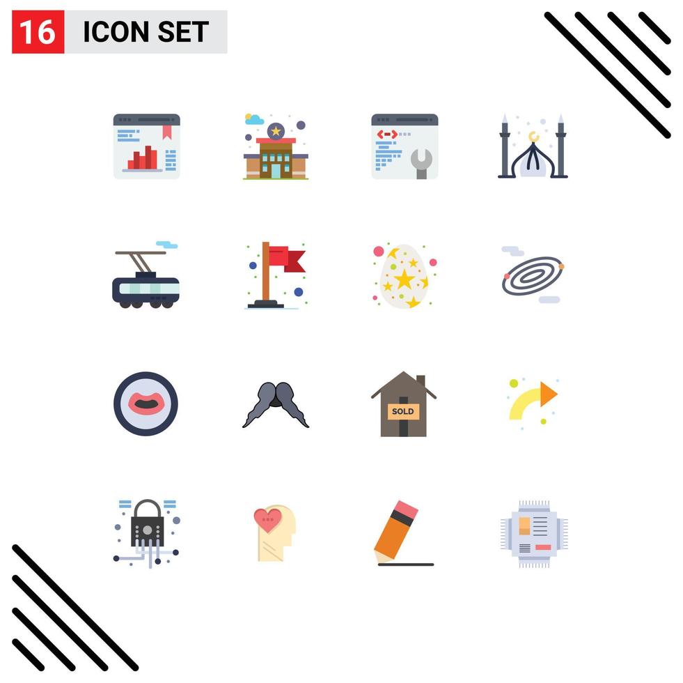 Pack of 16 Modern Flat Colors Signs and Symbols for Web Print Media such as train clever web page eid cresent Editable Pack of Creative Vector Design Elements