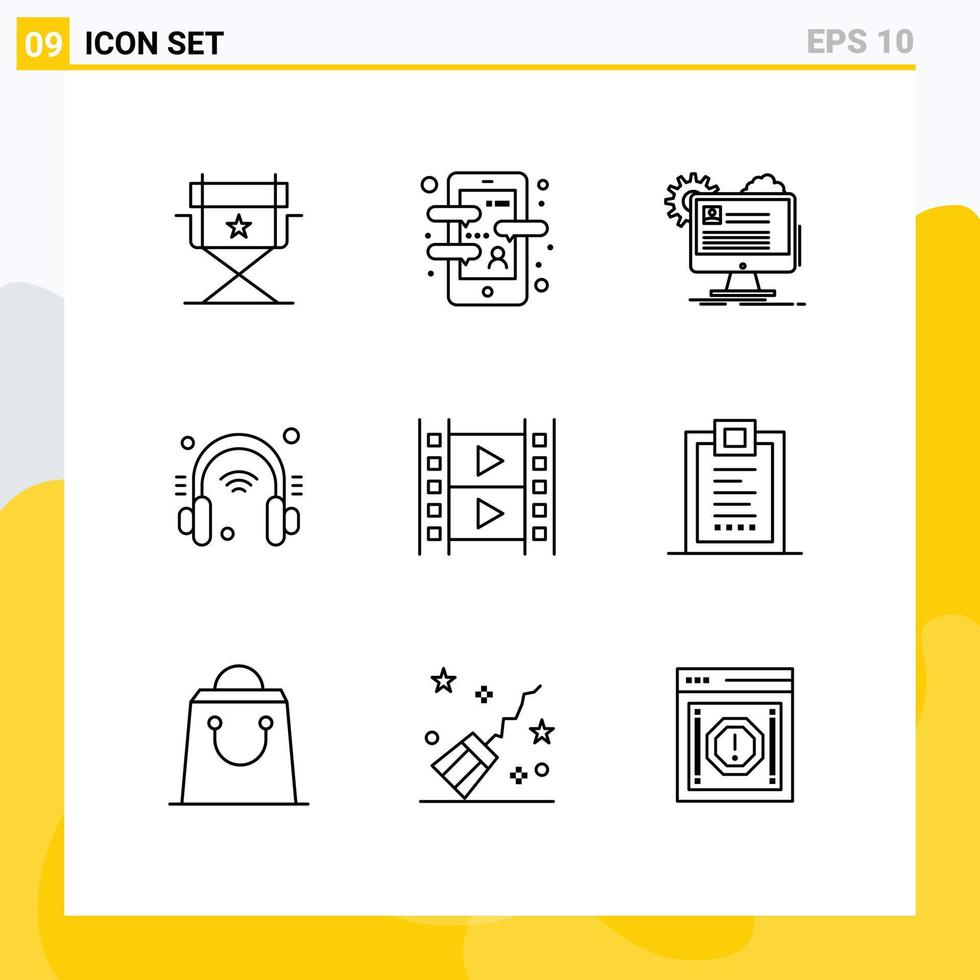 Group of 9 Outlines Signs and Symbols for film internet account helpdesk update Editable Vector Design Elements
