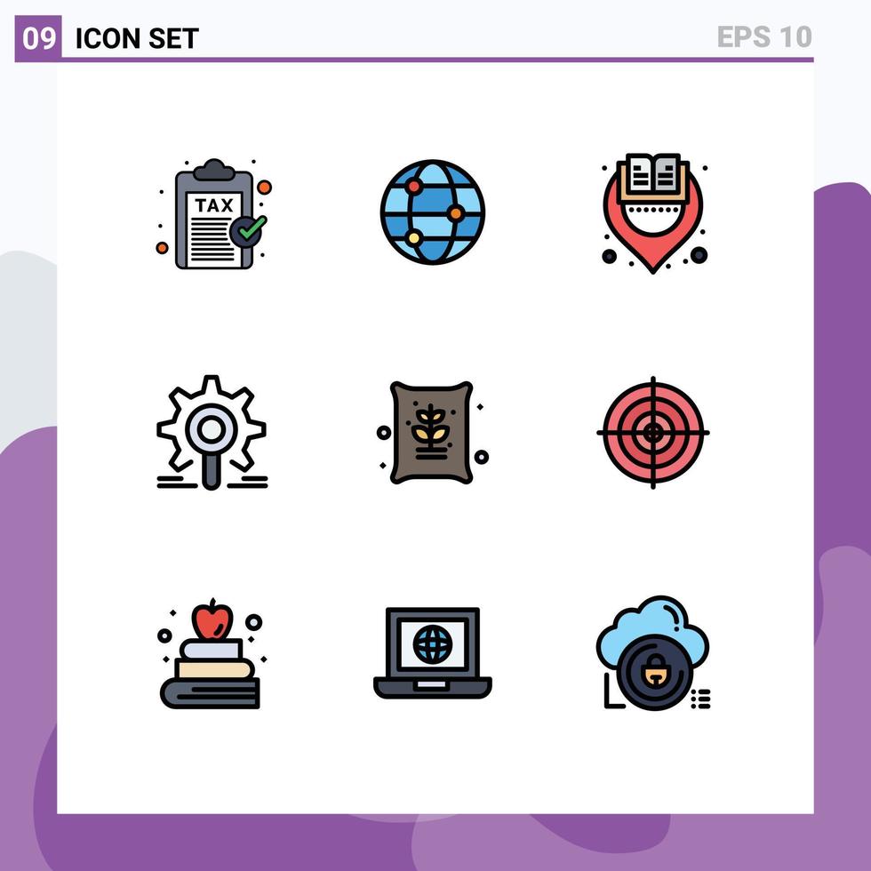 Pack of 9 Modern Filledline Flat Colors Signs and Symbols for Web Print Media such as agriculture research book search engine Editable Vector Design Elements