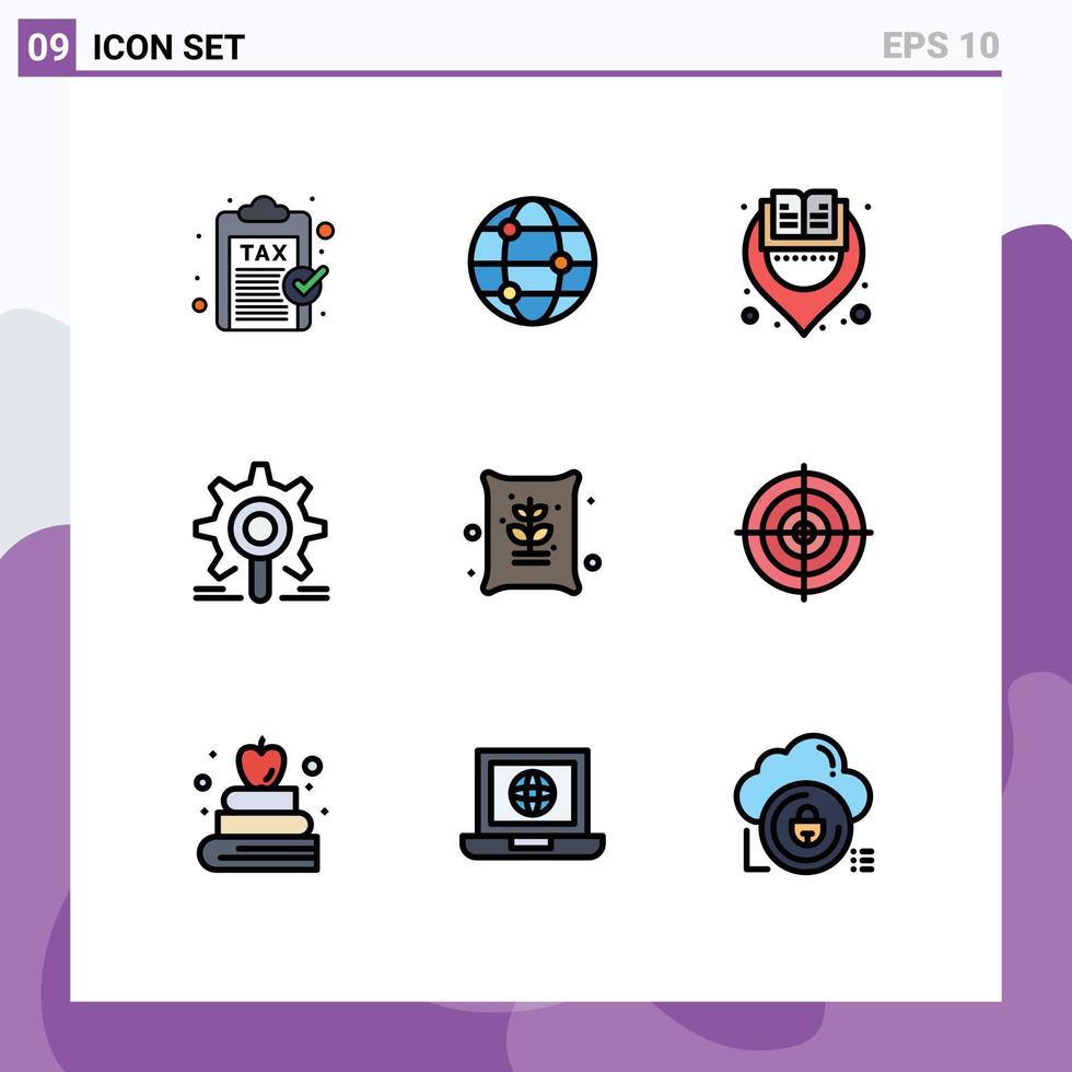 paquete de 9 signos y símbolos de colores planos de línea de relleno modernos para medios de impresión web como el motor de búsqueda de libros de investigación agrícola elementos de diseño de vectores editables
