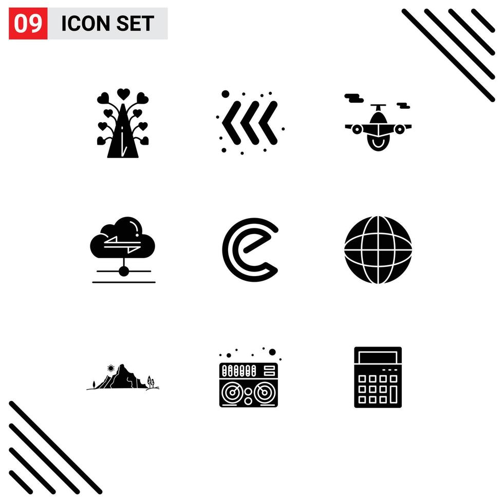 9 User Interface Solid Glyph Pack of modern Signs and Symbols of coin data airplane send share Editable Vector Design Elements