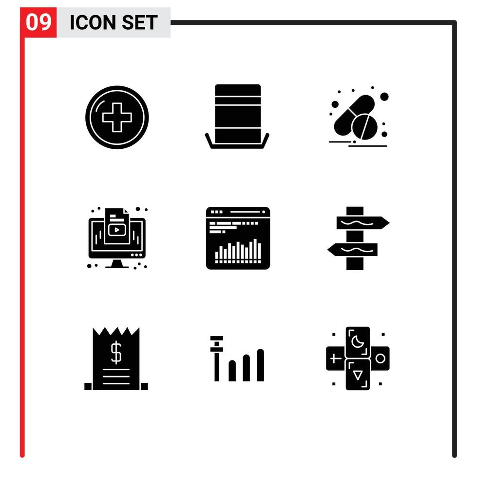 Group of 9 Modern Solid Glyphs Set for analytics monitor top hat media computer Editable Vector Design Elements