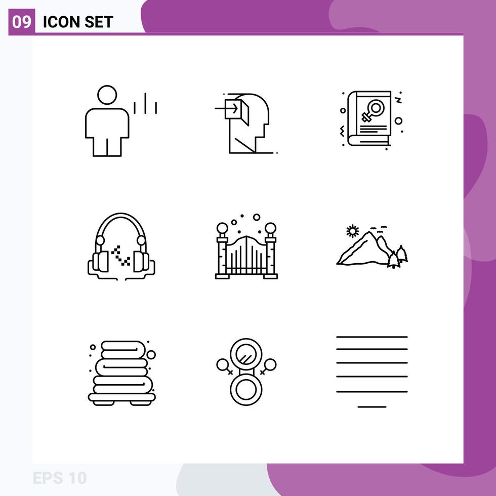 9 Universal Outline Signs Symbols of handfree music mind headphone read Editable Vector Design Elements