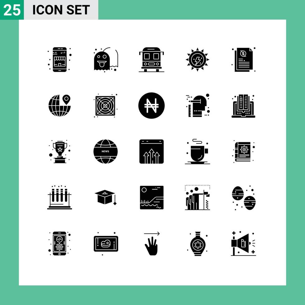25 Universal Solid Glyph Signs Symbols of share credit bus sun ecology Editable Vector Design Elements