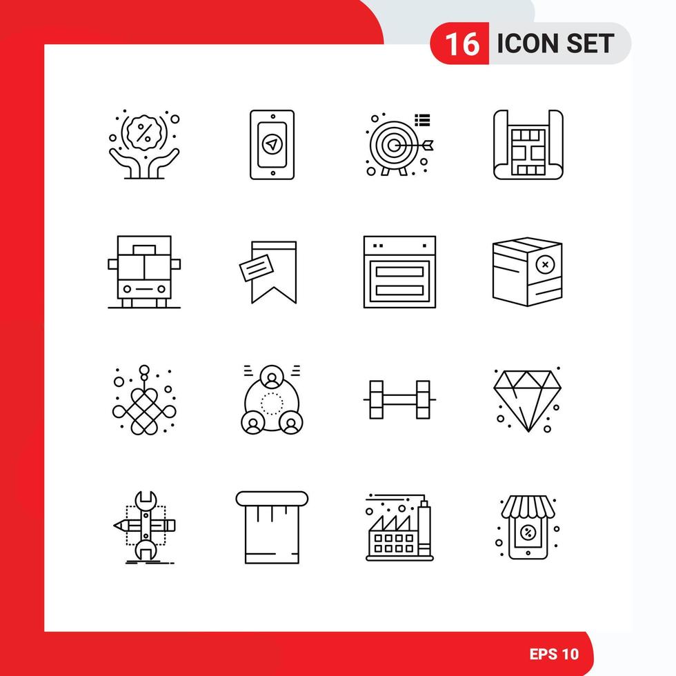 16 User Interface Outline Pack of modern Signs and Symbols of mark vehicles goals bus construction Editable Vector Design Elements