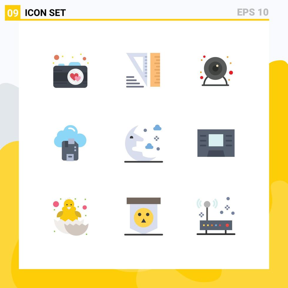Editable Vector Line Pack of 9 Simple Flat Colors of atm night web camera moon server Editable Vector Design Elements