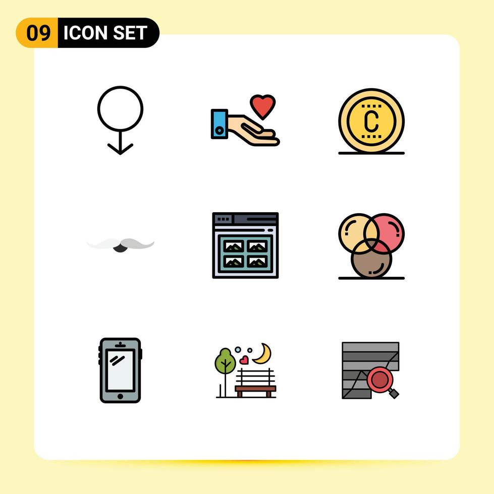 9 Universal Filledline Flat Colors Set for Web and Mobile Applications web internet seo men movember Editable Vector Design Elements