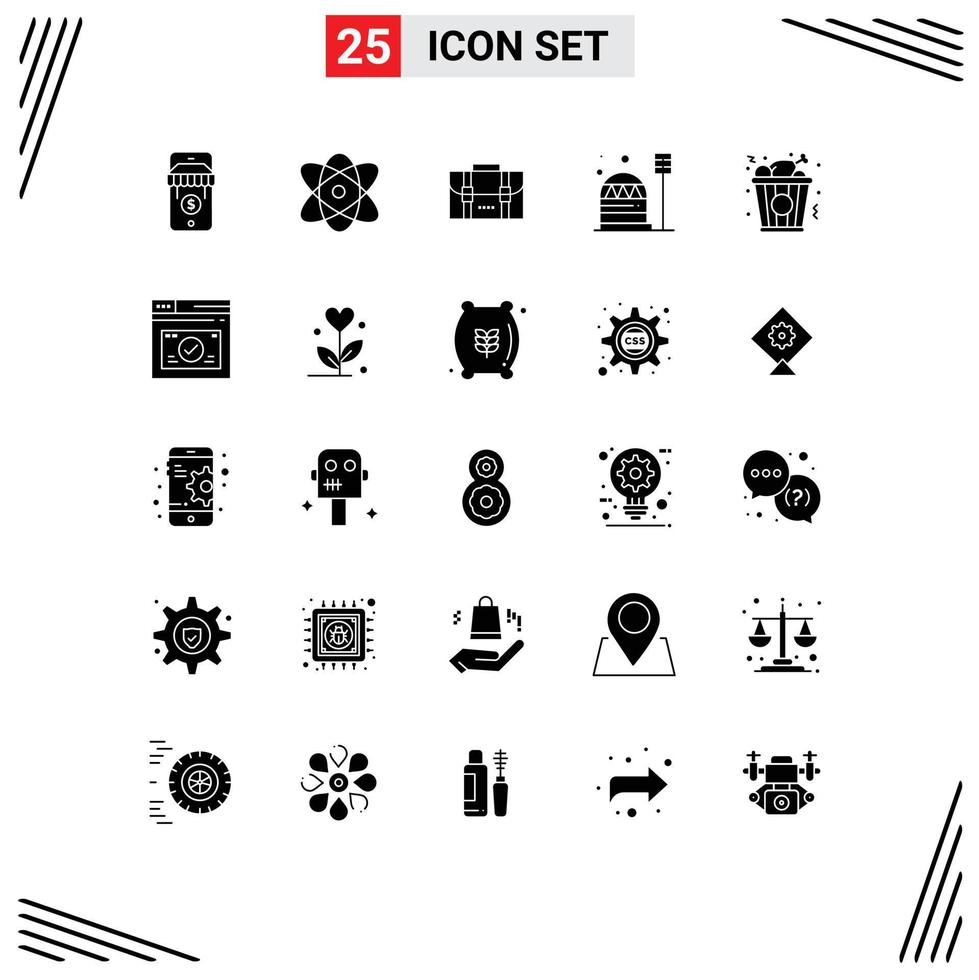 Group of 25 Modern Solid Glyphs Set for food habitation bag dome colony Editable Vector Design Elements