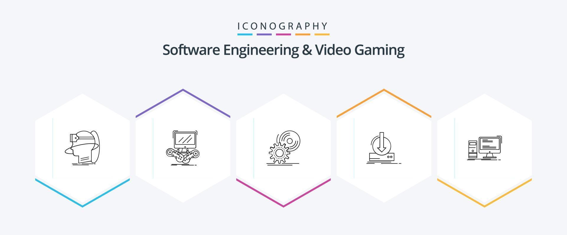 Software Engineering And Video Gaming 25 Line icon pack including content. dvd. internet. software. disc vector