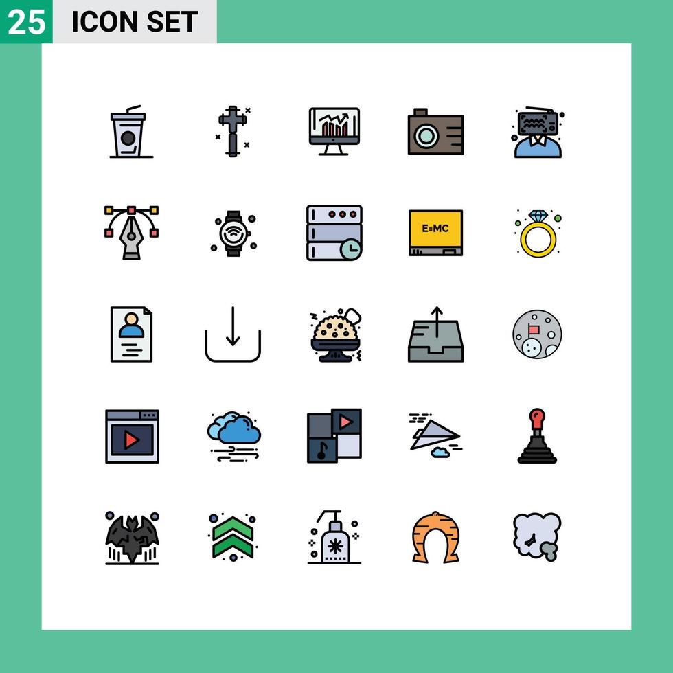 Modern Set of 25 Filled line Flat Colors Pictograph of broadcasting blogger graph photo camera Editable Vector Design Elements