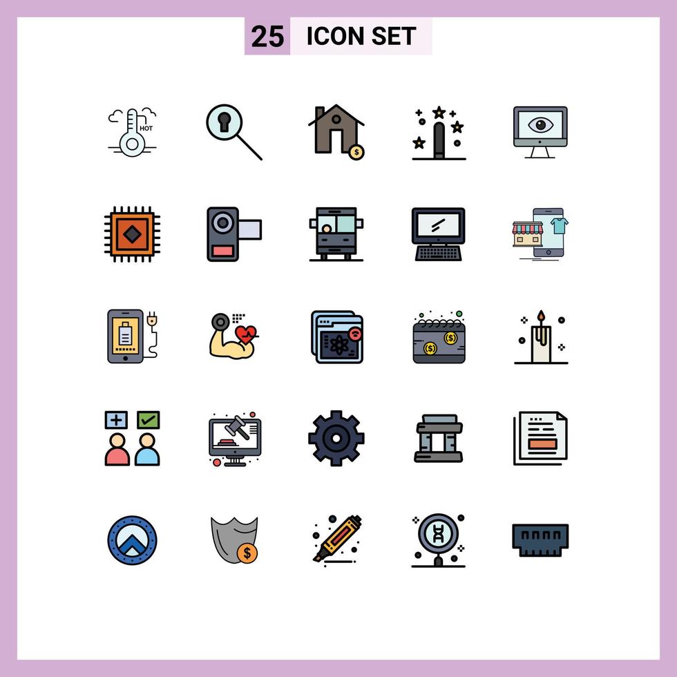 User Interface Pack of 25 Basic Filled line Flat Colors of monitor magic coin development coding Editable Vector Design Elements