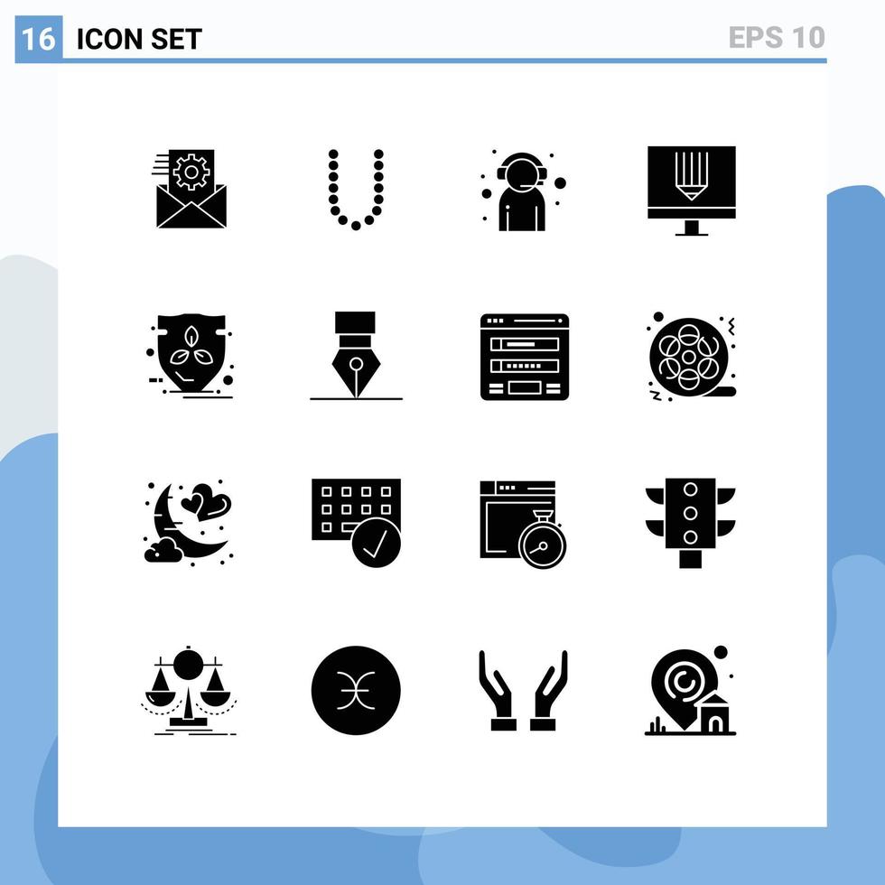 Group of 16 Modern Solid Glyphs Set for programing design assistant computer support Editable Vector Design Elements