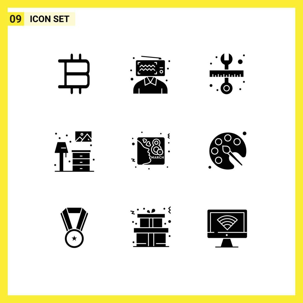 conjunto de pictogramas de 9 glifos sólidos simples de elementos de diseño de vector editables vivos de herramienta de tarjeta femenina