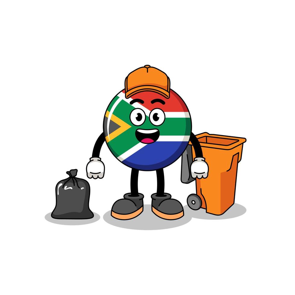ilustración de la caricatura de la bandera de sudáfrica como recolector de basura vector