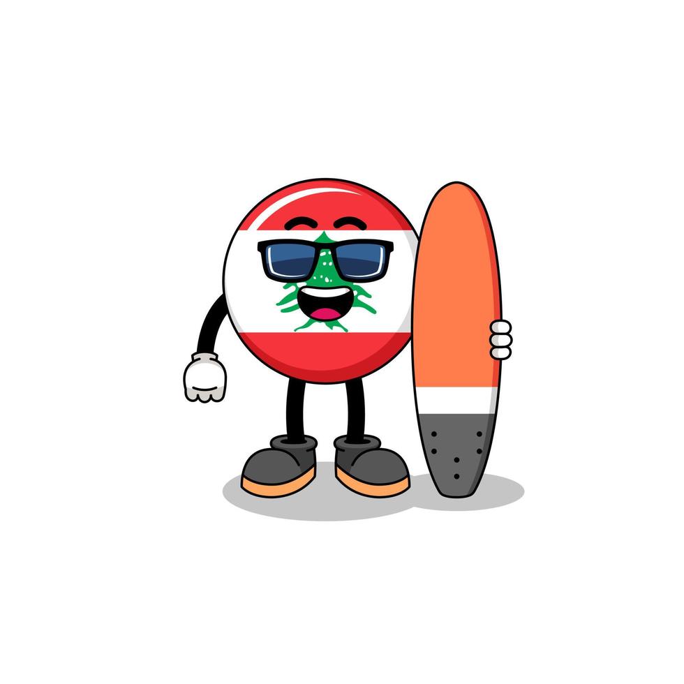 caricatura de mascota de la bandera de líbano como surfista vector