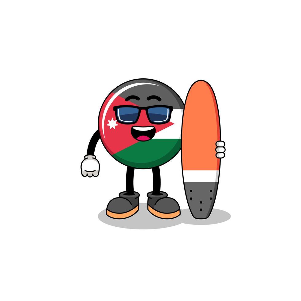 caricatura de mascota de la bandera jordana como surfista vector