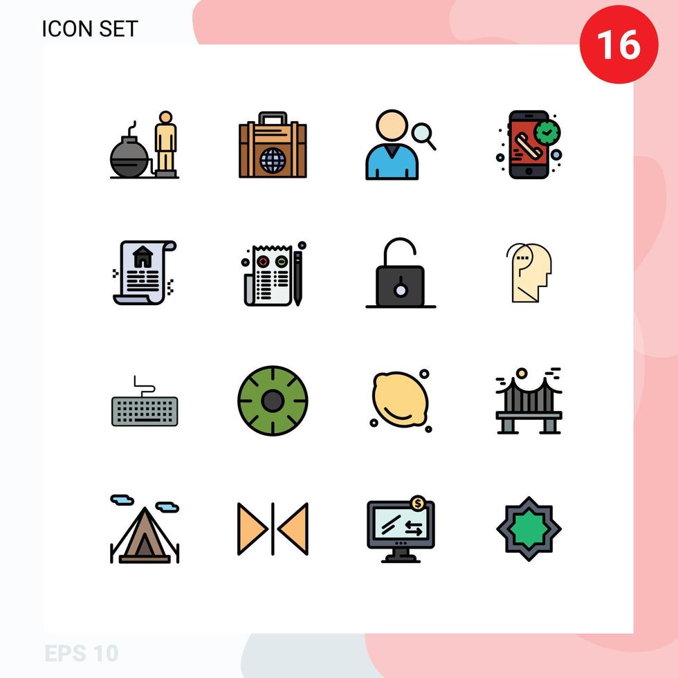 Modern Set of 16 Flat Color Filled Lines and symbols such as estate time employee receiver duration Editable Creative Vector Design Elements