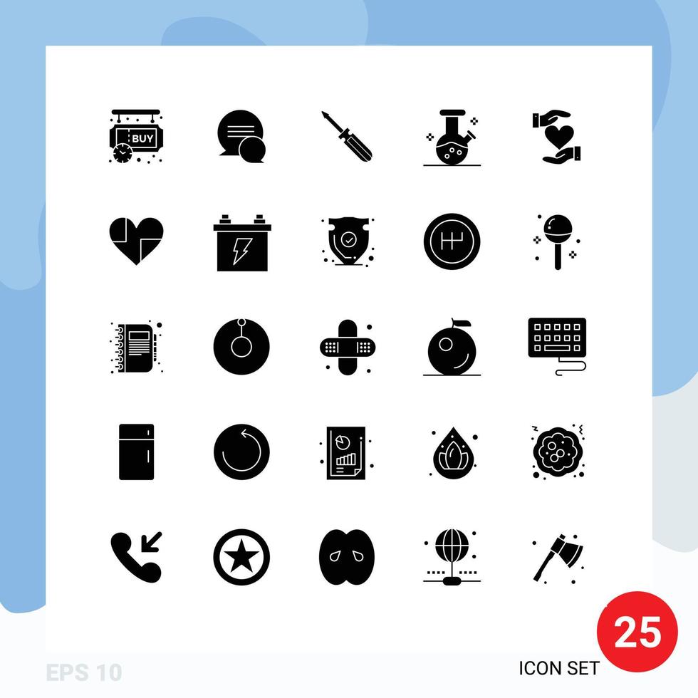 Set of 25 Vector Solid Glyphs on Grid for give potion screw lab tools Editable Vector Design Elements