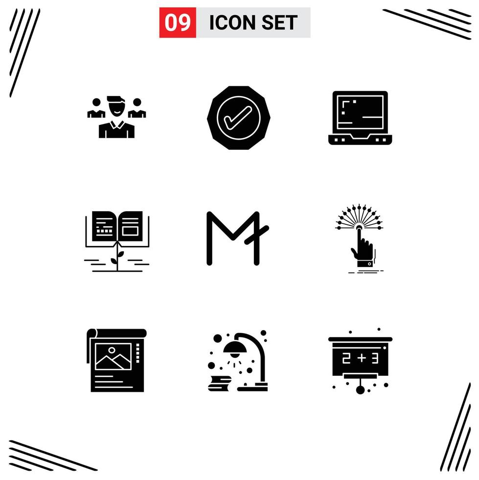 Editable Vector Line Pack of 9 Simple Solid Glyphs of crypto moon coin laptop education knowledge Editable Vector Design Elements