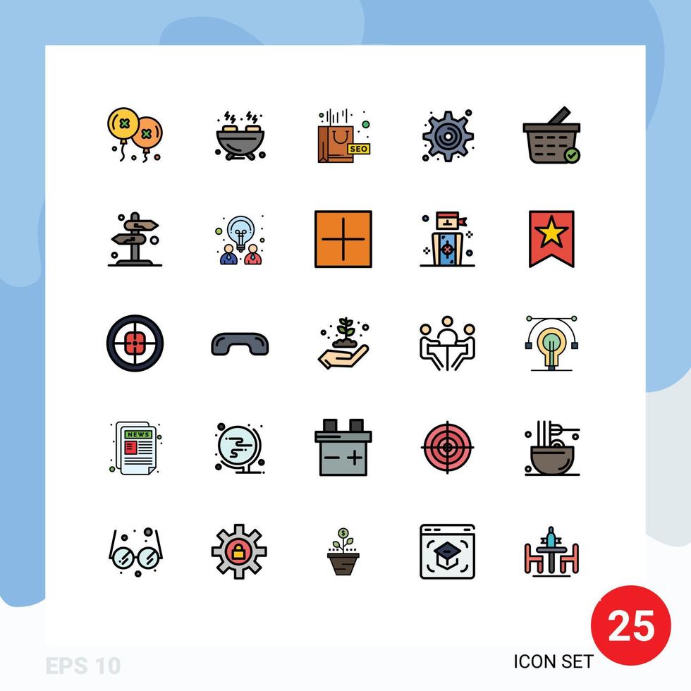 Pack of 25 creative Filled line Flat Colors of board checkout package buy gear Editable Vector Design Elements