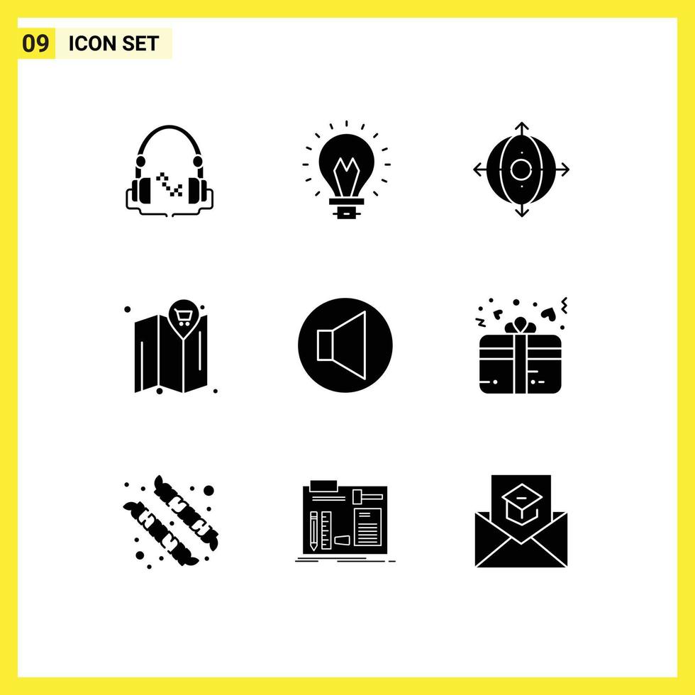 9 Thematic Vector Solid Glyphs and Editable Symbols of volume sound business cart map Editable Vector Design Elements