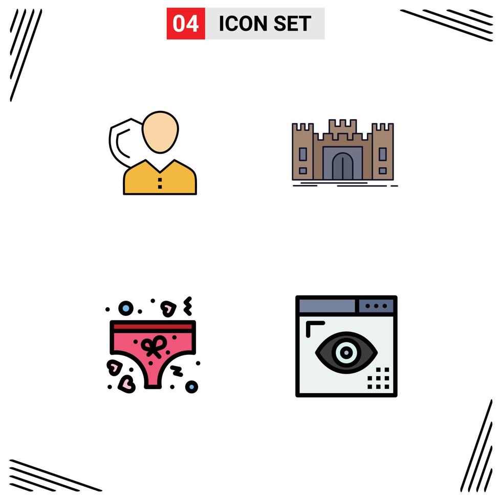 Pack of 4 Modern Filledline Flat Colors Signs and Symbols for Web Print Media such as security fort person shield landmark Editable Vector Design Elements