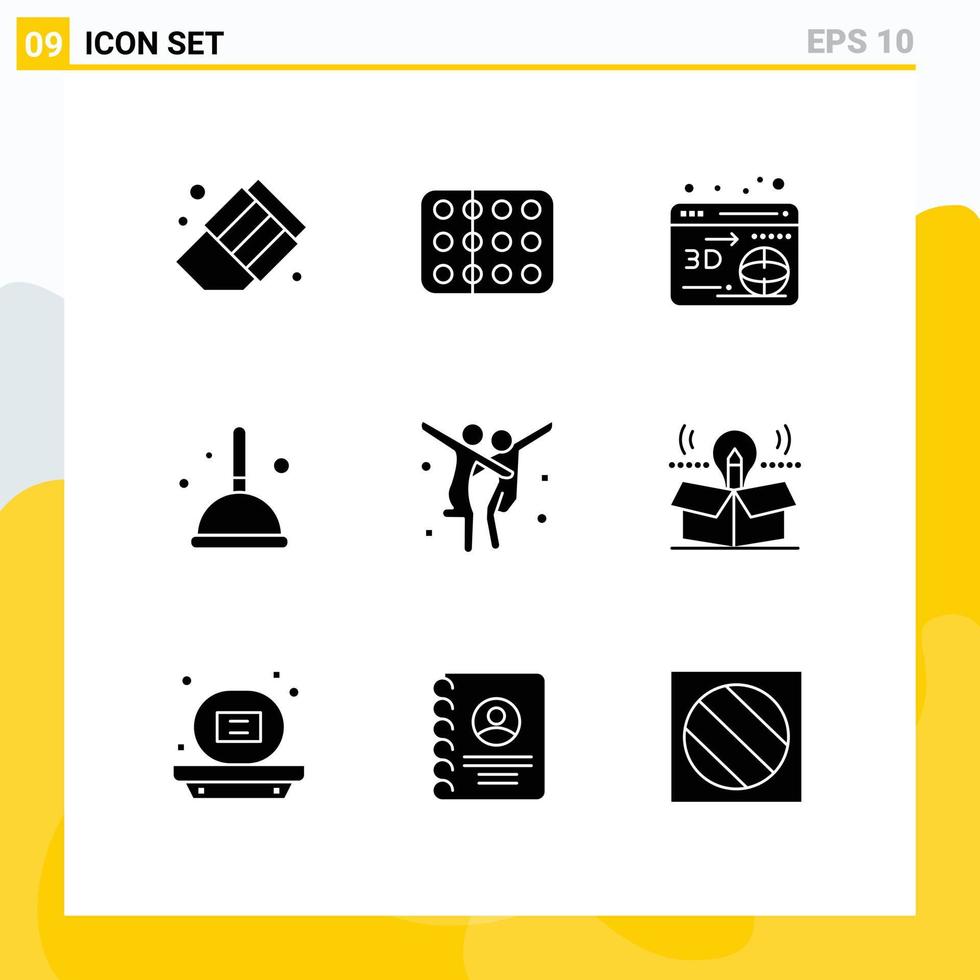 Pack of 9 Modern Solid Glyphs Signs and Symbols for Web Print Media such as dance celebration web witch cleaning Editable Vector Design Elements