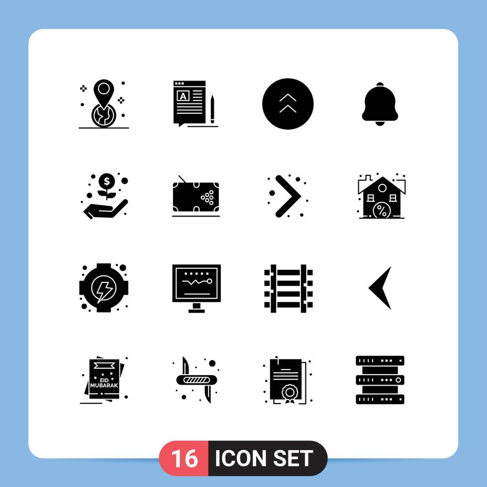 16 User Interface Solid Glyph Pack of modern Signs and Symbols of hand notification web bell up Editable Vector Design Elements